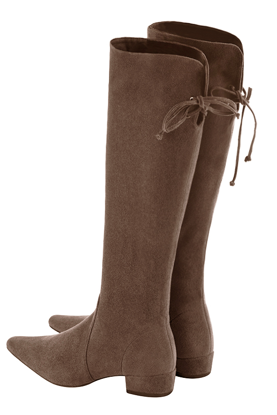 Chocolate brown women's knee-high boots, with laces at the back. Tapered toe. Low block heels. Made to measure. Rear view - Florence KOOIJMAN